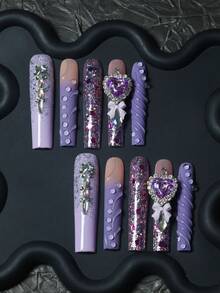 CrystalHola Valentine's Day & New Year's Edition 10 Pcs Handmade Press-On Nails,French Tip Nails, Square Long Nails, Fresh And Luxurious, Y2K, Exquisite, Diverse Styles, Oversized Purple Heart Gems, 3D Gel Strips, Shining Sequins, Hand-Painted Stripes, Christmas Elements, Gems Of Different Shapes, Cute Bear Accessories, Nail Set. Unique Artwork Within Reach, Detachable And Reusable, Full Coverage Design, Durable, A Top Choice For Gifts For Girls, An Essential Fashionable Accessory For Parties, Weddings, And Holidays, Suitable For Christmas, Halloween, And New Year Wear, Very Shiny And Eye-Catching. - Multicolor - View 14