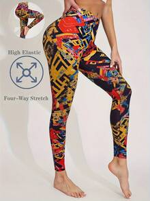 Autumn/Winter New Geometric Abstract Design Soft & Comfortable High Stretch Leggings For Women, Suitable For Home, Exercise, Yoga, Shaping, Lifting, Casual, Outdoor, Travel, Shopping, Fitness, Commuting, Street, Music Festival, Party, Gift