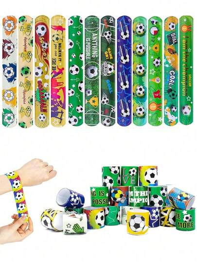 1/12 pezzi Braccialetti a schiocco da calcio, braccialetti a schiocco a tema cartone animato, fasce da polso in plastica con disegni di calcio, gadget per feste, premi per la classe, regali di compleanno per appassionati di sport, accessori da calcio, gadget divertenti per feste e decorazioni per vacanze, perfetti per feste di compleanno, eventi e celebrazioni, braccialetti a schiocco colorati con motivi carini