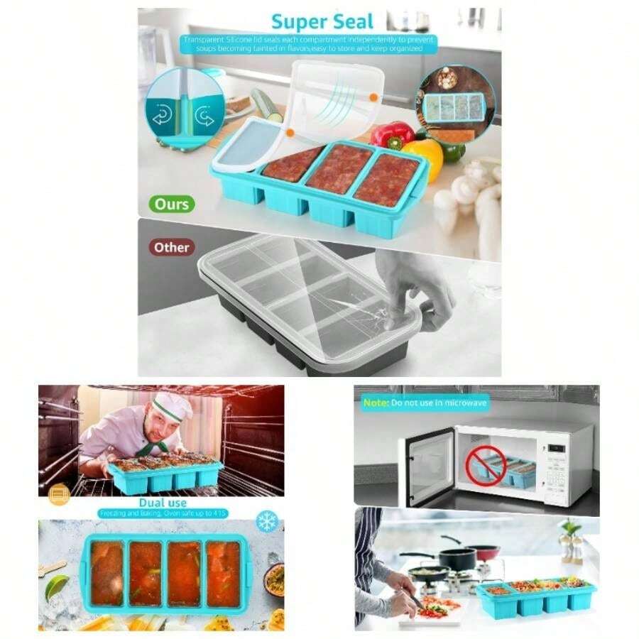 Silicone Freezer Tray With Lid - Silicone Freezer Food Molds - Large Cube Tray, Silicone Freezer Container, Freeze Store Soup, Sauce, Broth, Leftovers - Makes 4 1 Cup - 2 Gói-Aqua - Xem 1