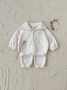 2pcs/Set Toddler Baby Girls' White Long Sleeve Sweatshirt And Pants Warm Thickened Winter Outfit - Beige - View 8
