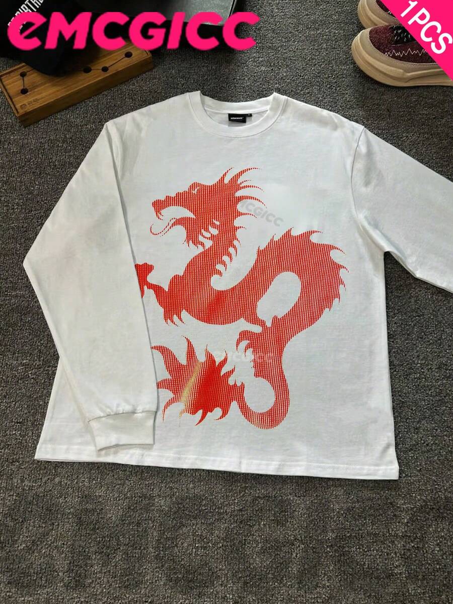 EMCGICC Manfinity Y2k Long Sleeve Shirts ,Graphic T Shirt Cotton 250g,Fashionable Hip-Hop For Men - Long Sleeve T-Shirts, Funny Vintage Shirts,Regular Fit, Street Style, Digital Print, Ideal Gift - trắng - Xem 1