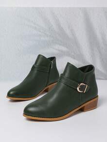 Botas de Tornozelo com Salto Grosso Chelsea de Fivela de Cinto com Zíper Lateral Nude Plus Size, Bico Fino + Fivela de Metal Elementos Clássicos Britânicos Elevam a Sofisticação do Visual, Forro Único Respirável e Confortável, Adequado para Uso em Várias Estações, Simples e Versátil, Fácil de Manusear para Ir e Vir e Ocasiões Casuais, Altamente Prático para Uso Diário.