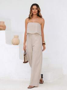 Women's Elegant Strapless Linen Jumpsuit - Màu be - Xem 3