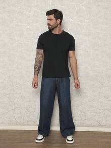 Men's Loose Cotton Jeans With Slant Pockets, Wide, Long, Washed, Skater Style, Cargo, Plain, Light Blue, Going Out, Y2K Style, For Friends, Urban, Going Out, For Work, For Vacation - 中等水洗藍 - 查看 5