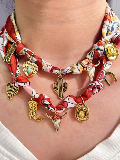 Cowboy Boot Necklace, Red Bandana Charm Necklace,Western Necklace, Cowgirl Boot, Cowboy Hat Pendant, Cowboy Boot Scarf Necklaces, Christmas Gift, Birthday Gift