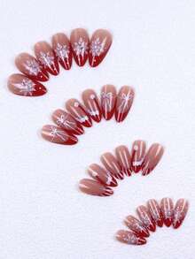 Christmas Nail Art Set, 24pcs Christmas Long Almond Shaped Fake Nails, Decorated With French Red Christmas Hats, White Snowflakes And Bows, All Nails Decorated. Set Includes 1 Nail File And 1 Nail Glue Sheet. Suitable For Girls And Women, Ideal Gift For Holiday Parties, Dates And Daily Wear. Autumn Nail Art, Press-On Acrylic Nails, Press-On Nail Art, Single Pack, Nail Art Set, Christmas Theme. - Red - View 4