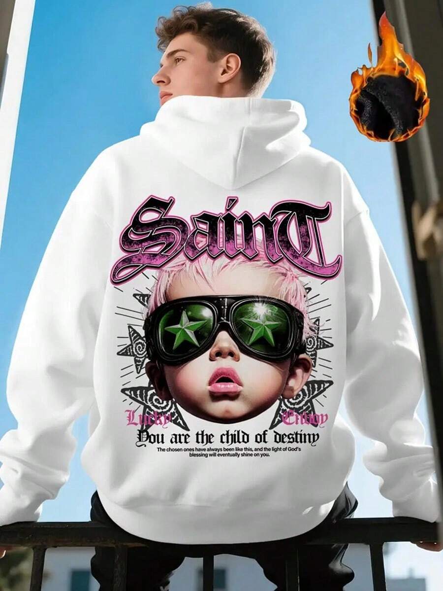 Men's Y2K Gothic Heavy Metal Graphic Hooded Sweatshirt - Black With Pink & Purple Saint Lettering, Loose Fit Streetwear Pullover,Fall Hoodies,Men's Fall Clothes,Street Wear,Halloween,Mens Hoodies,Y2k Clothes,Jesus Hoodie,Thanksgiving Day,Nightmare Before Christmas,Christmas - trắng - Xem 1