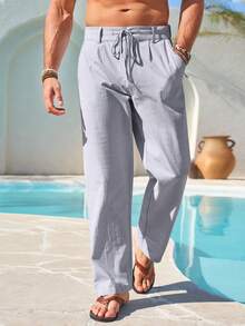 Men's Elastic Waist Beach Joggers Linen Cotton Drawstring Closure Lightweight Loose Style Yoga Ready - Grey - View 2