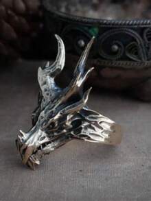 1 pieza Anillo abierto de hombre en forma de dragón de acero retro y genial - Negro - Ver 9