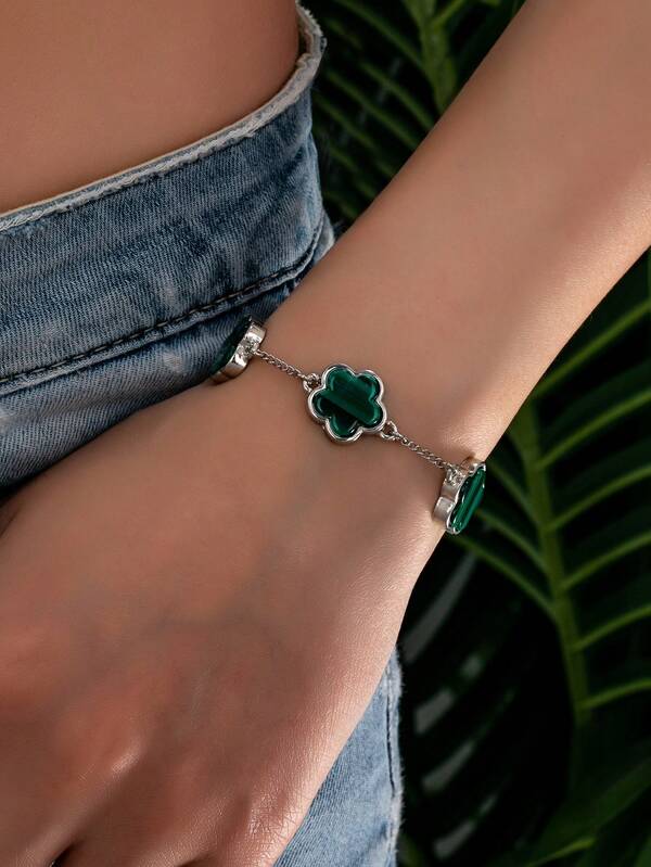 1 Stück neue elegante französische Art Einlegearbeit Fünf-Blüten Blumen grün gestreiftes Acryl Armband Schmuck für Frauen