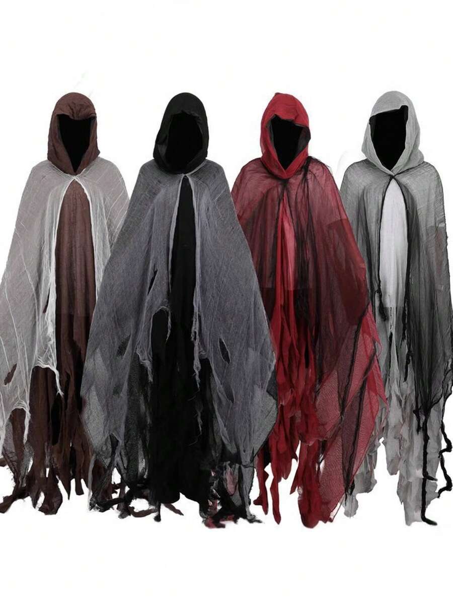 1 pièce Cape de costume de squelette d'Halloween, Cape sombre effrayante. Tenue de zombie mystérieux pour le jeu de rôle, Cape à capuche déchirée sombre pour fête et festival