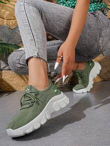 "Export Platform Round Toe Slip-On Sports Shoes Women 2025 Summer Large Size Breathable Running Shoes Soft Sole Casual Lace-Up Lightweight Women" - Green - View 6