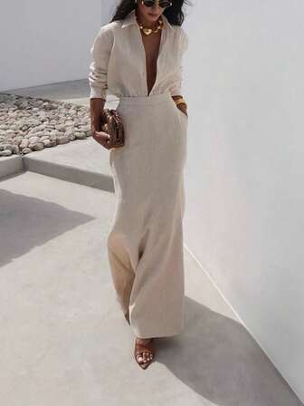 2pcs Women's Fashionable Casual Button-Up Long Sleeve Top And Full Length Skirt Set