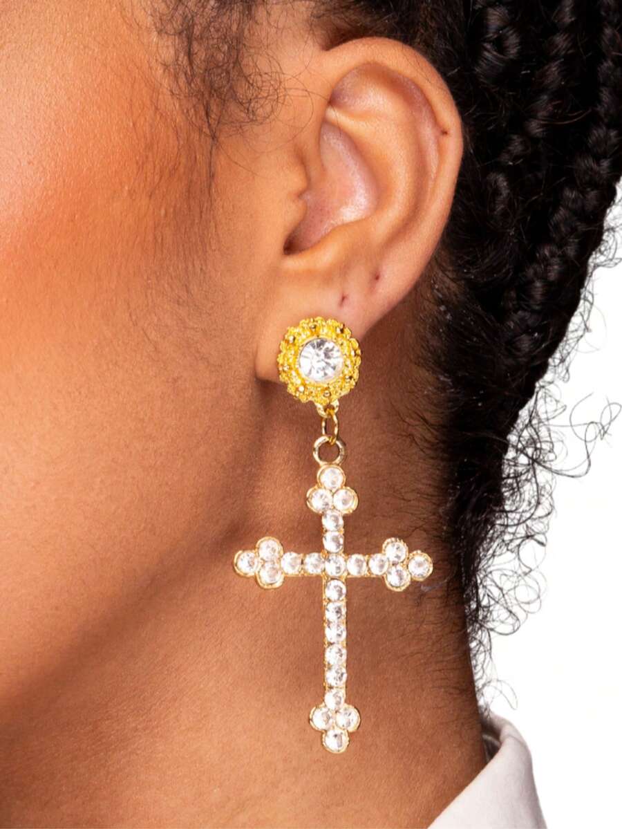 1 Pair Of Large Cross Studded Earrings With Rhinestones Elegant Extravagant Women's Fashion - 金色 - 查看 1