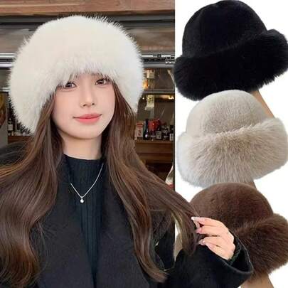 New Fluffy Fur Bucket Hat Warm Panama Cap Plush Bucket Hat For Women Girls Cold Thicken Berets Ear Protection Cover Head Cap Winter Hat Female Christmas Gifts