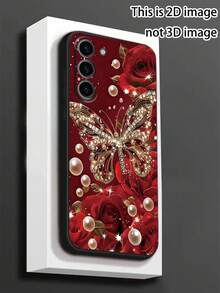 1pc Beautiful Red Rose & Butterfly Pearl Shockproof Anti-Slip Black Phone Case Compatible With Galaxy A04e/A05s/A13/A14/A15/A34/A35/A50/A52/A53/A54/S21/S22/S23/S24/S25/S25Ultra, 2D Image Design