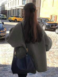 女士简约纯色口袋前襟纽扣翻领插肩袖大衣，秋冬款 - 花灰色 - 查看 4