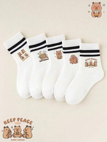 5 Pairs Children's Fashion Socks Cute Capybara Children's Socks, Capybara Middle Tube Socks Suitable For Boys And Girls In All Seasons Of Daily Life, Unisex, Capybara Cartoon Element Printed Middle Tube Socks, White Ruffled Socks, Capybara Cartoon Element Children's Ankle Socks, Marmot Capybara Ruffled Socks, Capybara Bubble Socks, Capybara Ruffled Bubble Socks