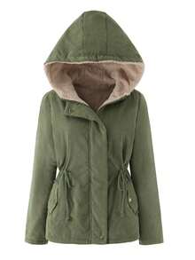 Women's Hooded Jacket, Casual Windbreaker, Solid Color Woven Fabric, Zipper Closure, Suitable For Autumn, Winter, Spring - Army Green - View 1