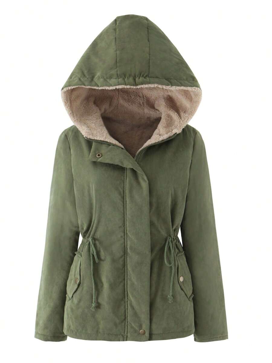 Women's Hooded Jacket, Casual Windbreaker, Solid Color Woven Fabric, Zipper Closure, Suitable For Autumn, Winter, Spring - Army Green - View 1