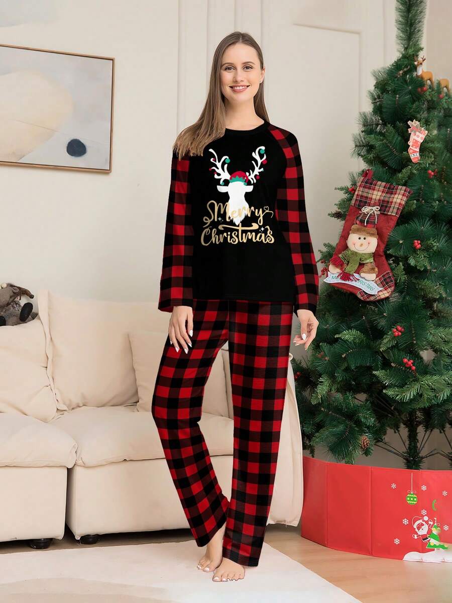Weihnachts-Hirschgeweih-Muster Patchwork Muster Oma Karomuster Nachtwäsche Set für Frauen, inklusive dekorativer Beleuchtung, Herbst-Winter-Kleidung - Verschiedenfarbig - Übersicht 1