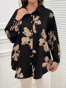 2025 Plus-Size New Elegant Floral Print Shirt With Turn-Down Collar And Front Buttons Long Sleeve For Women