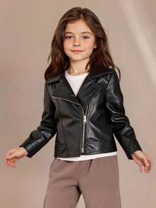 SHEIN Áo khoác xe máy tay dài đơn sắc bằng da PU có khóa kéo phía trước cho bé gái, thích hợp đi học, dự tiệc và đi chơi - màu đen - Xem 2