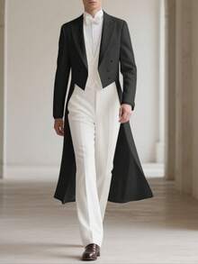 Mens Lapel Neck Button Front Long Sleeve Wedding Party Solid Jacket Asymmetric Long Coat Tuxedo Blazer - Black - View 1