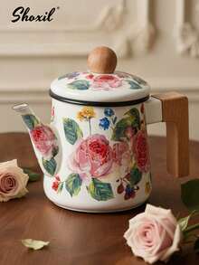 shoxil 1pc Rose Enamel Teapot, Water Bottle, Large Capacity Teapot, Gas Induction Cooker, Universal Desktop Decoration Enamel Teapot