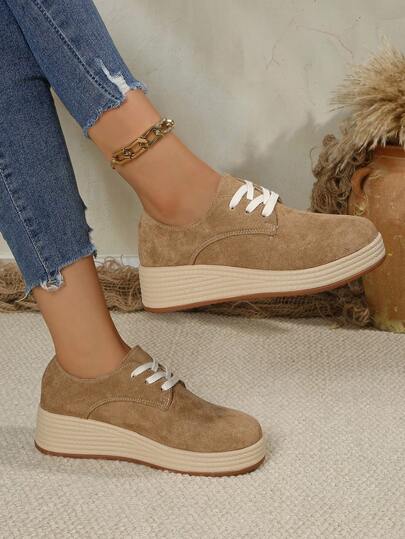 حذاء رياضي نسائي من الكتان الأبيج شبيه بالكتان - حذاء مريح برباط وبنعل سميك، خفيف الوزن وعصري، مناسب لجميع المواسم