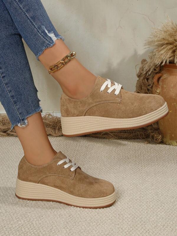 女式米色亚麻厚底运动鞋 - 舒适圆头系带厚底鞋，轻便时尚，适合所有季节