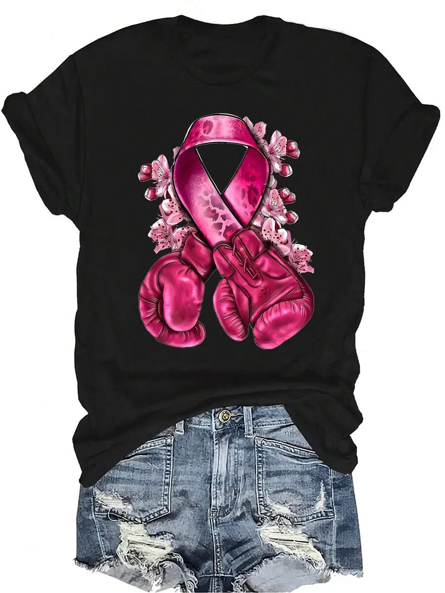 [Camiseta de Moda Casual] Camiseta suave y cómoda para mujer - Camiseta de manga corta de cuello redondo con guantes de boxeo de cinta rosa, regalo perfecto para la abuela y la mamá, uso casual de primavera y verano - Negro - Ver 1