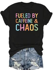 [Camiseta de Moda Casual] Camiseta suave y cómoda para mujer - Caos de la Cafeína Casual de manga corta y cuello redondo, regalo perfecto para la abuela y la mamá, uso casual de primavera y verano - Negro - Ver 1