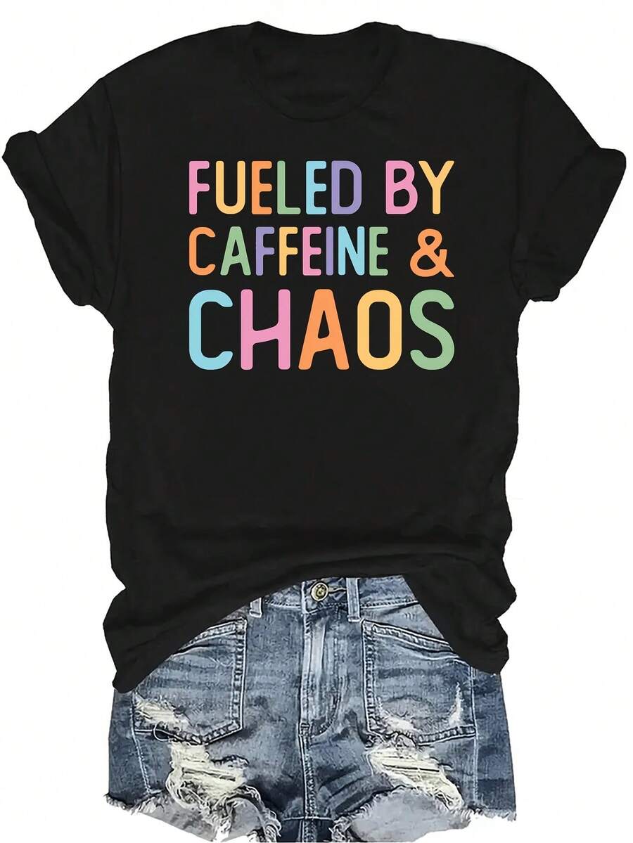 [Camiseta de Moda Casual] Camiseta suave y cómoda para mujer - Caos de la Cafeína Casual de manga corta y cuello redondo, regalo perfecto para la abuela y la mamá, uso casual de primavera y verano - Negro - Ver 1