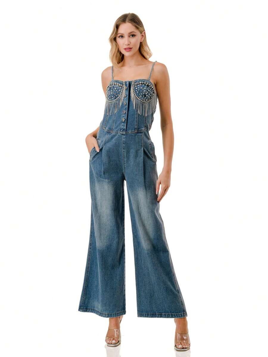 Embellished Denim Wide-Leg Jumpsuit With Pearl & Chain Fringe  Plain    Casual    Denim    Knot  Embroidery    Night Out  Holiday  Daily - 藍色 - 查看 1