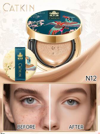  Catkin Phoenix Cushion Foundation, Cobertura apilable, Maquillaje con esencia antienvejecimiento, Acabado satinado ligero, Recambio incluido, Beige claro/Beige natural N12