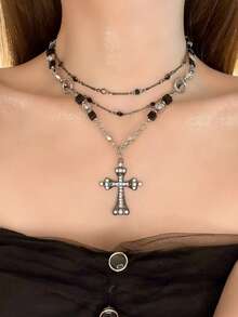1 Dây chuyền xích thánh giá nhiều lớp, chất liệu kim loại khảm Zirconia đen, phong cách Gothic phù hợp cho nam và nữ, đeo dự tiệc và hàng ngày - Nhiều màu - Xem 2