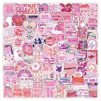 60pcs Pink Book Theme Stickers, Suitable For Children, Teenagers And Girls, Elegant Pink Book Stickers, Can Be Used To Decorate Kindle, Laptops, Scrapbooks And Diaries, Reading Aesthetic Transparent Stickers Gift For Girls