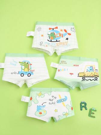 4pcs/Pack Boys Underwear, Breathable Cartoon Crocodile, Car, Helicopter Print, Boys Shorts For Toddlers, Kids, Children