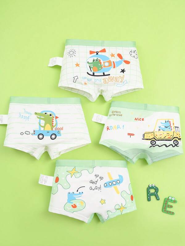 4pcs/Pack Boys Underwear, Breathable Cartoon Crocodile, Car, Helicopter Print, Boys Shorts For Toddlers, Kids, Children