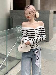 女士休闲露肩条纹性感修身长袖毛衣，秋冬 - 黑與白 - 查看 6
