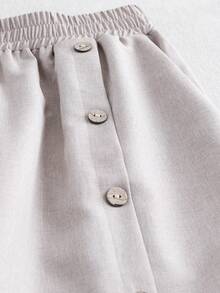 女士时尚百搭休闲日常开衩纯色梭织面料纽扣高腰阔腿裤，遮瑕，适合春秋假期 - 卡其色 - 查看 3