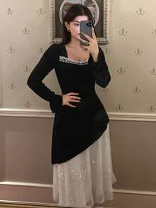DAZY Velvet Contrast Color Asymmetric Hem Ruffle Hem Sequin Rhinestone Dress For Women, Suitable For Party, Wedding, Evening Gown, Autumn/Winter Maxi Dress - Black - View 3