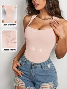 Women's Sexy Ribbed Camisole Crop Top Bodysuit With Square Neckline And Backless Design - Pink - View 3