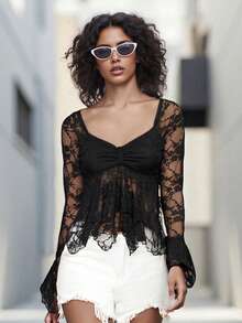 Women's White Bow Shirt - 黑色 - 查看 3