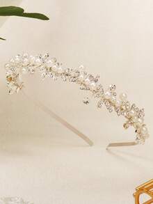 1件装水钻叶形锌合金新娘头箍，浪漫婚礼新娘伴娘皇冠发箍情人节配饰 - 銀色 - 查看 5