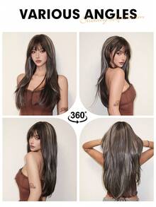 24/26英寸长直发合成假发，带刘海，采用天然耐热发质，全机织，适合角色扮演、派对、时尚女性日常佩戴和上学使用。 - 間色 - 查看 10