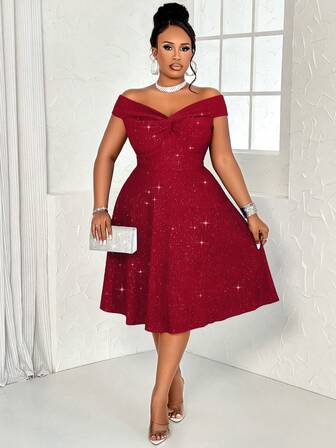 BIUBIU Vestido de línea A con hombros descubiertos, espalda descubierta y lentejuelas de unicolor con nudo retorcido, adecuado para fiestas, cócteles, Navidad, San Valentín y otras ocasiones, talla grande para mujeres