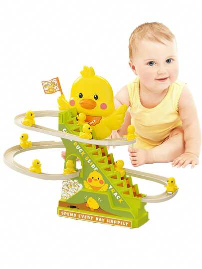 1pc Cute Duck Shaped Slide Track Toy, Children's Fun Toy, Cute Duck Automatically Climbs Staircase Track With Slide, Music And Lights, Assembled Plastic Toy Stickers, Music And Lights, Assembled Plastic Toy Stickers With Lights, Musical Toy And Birthday Gift, Electric Toy